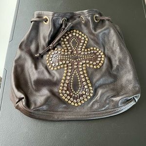 Vintage Leatherock USA Cross Rhinestone Embellished Brown Leather Cinch Purse